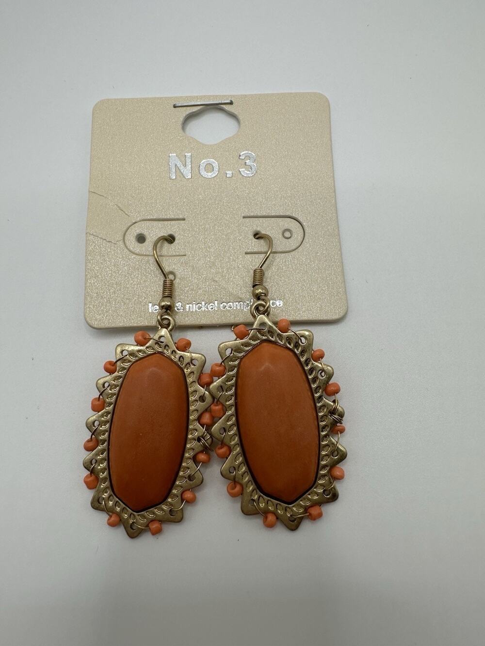 NWT No. 3 Hot Orange Acrylic Jewel Dangle Drop Gold Tone Hook Earrings 2”L